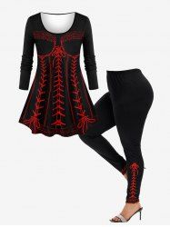 Plus Size 3D Lace Up Ruffles Printed Long Sleeves T-shirt and Leggings Outfit -  