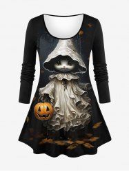 Plus Size Halloween Pumpkin Leaf Cute Ghost Print T-shirt -  