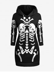 Plus Size Skeleton Print Halloween Kangaroo Pocket Drawstring Hoodie Dress -  