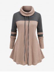 Plus Size Patchwork Cable Knit Drawstring Turtleneck Sweater -  