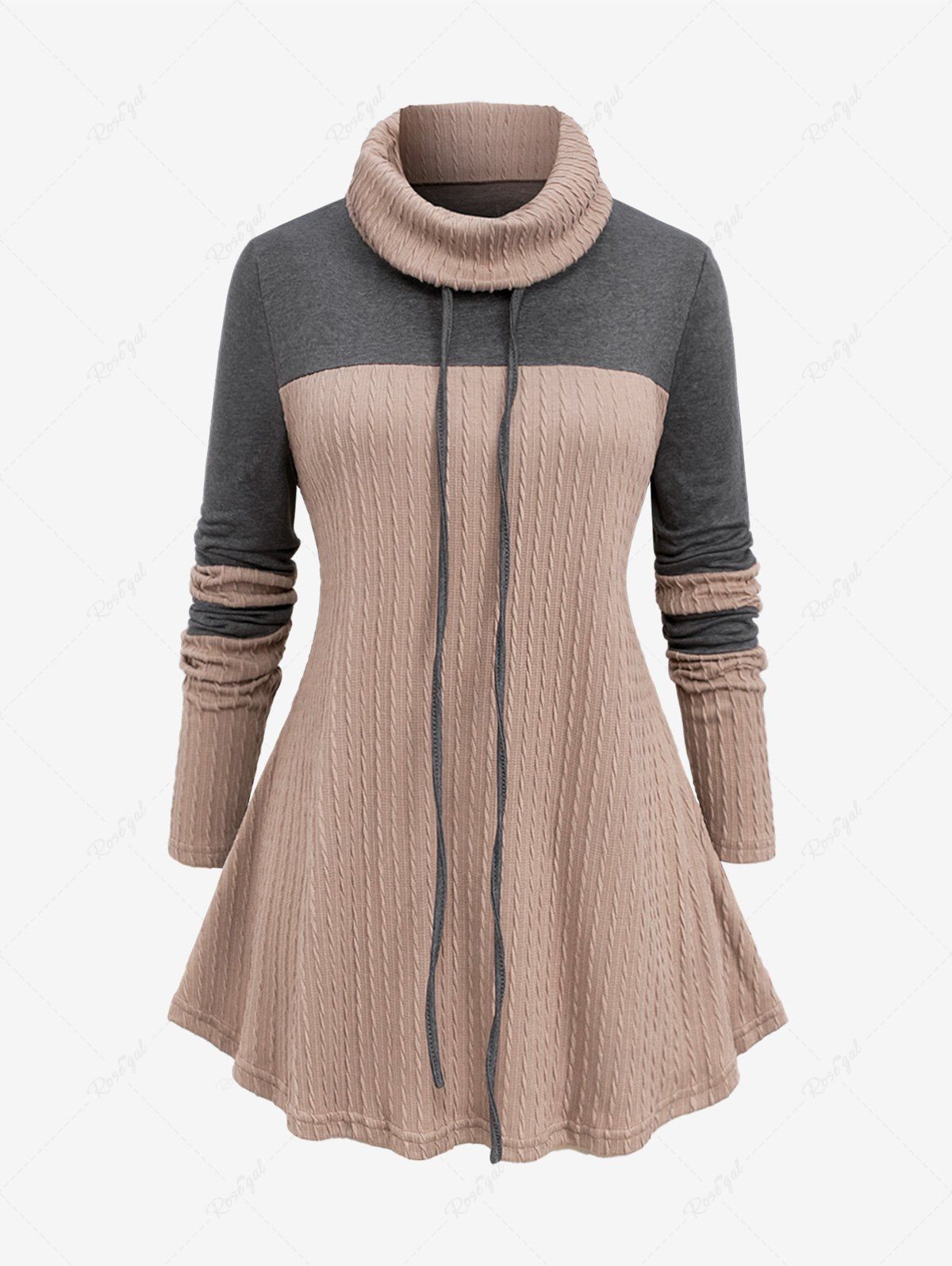 Sale Plus Size Patchwork Cable Knit Drawstring Turtleneck Sweater  