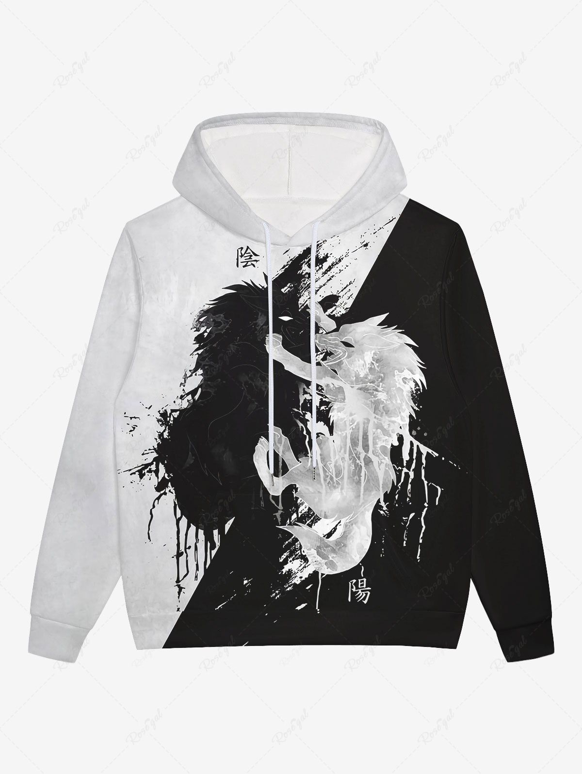 Fancy Gothic 3D Wolf Painting Splatter Print Two Tone Drawstring Hoodie For Men  