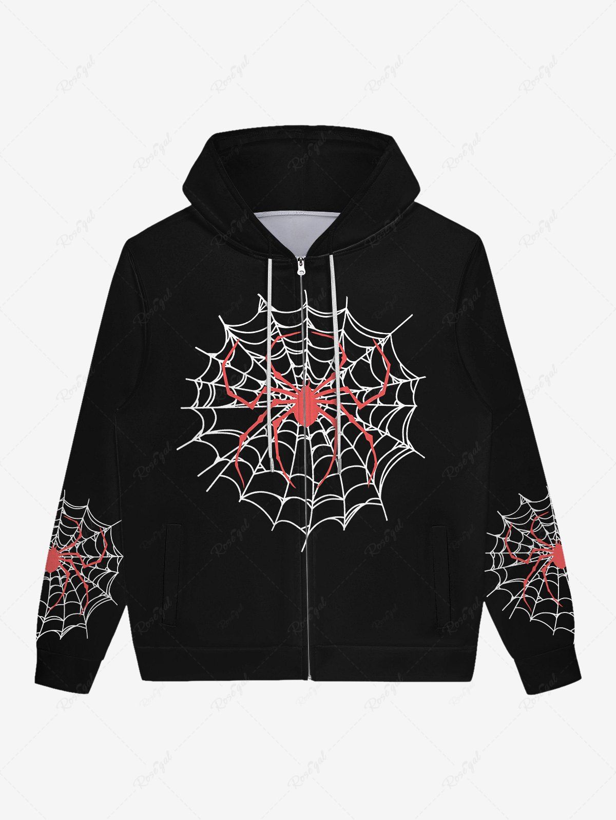 New Gothic Spider and Spider-Web Print Halloween Zipper Drawstring Hoodie For Men  