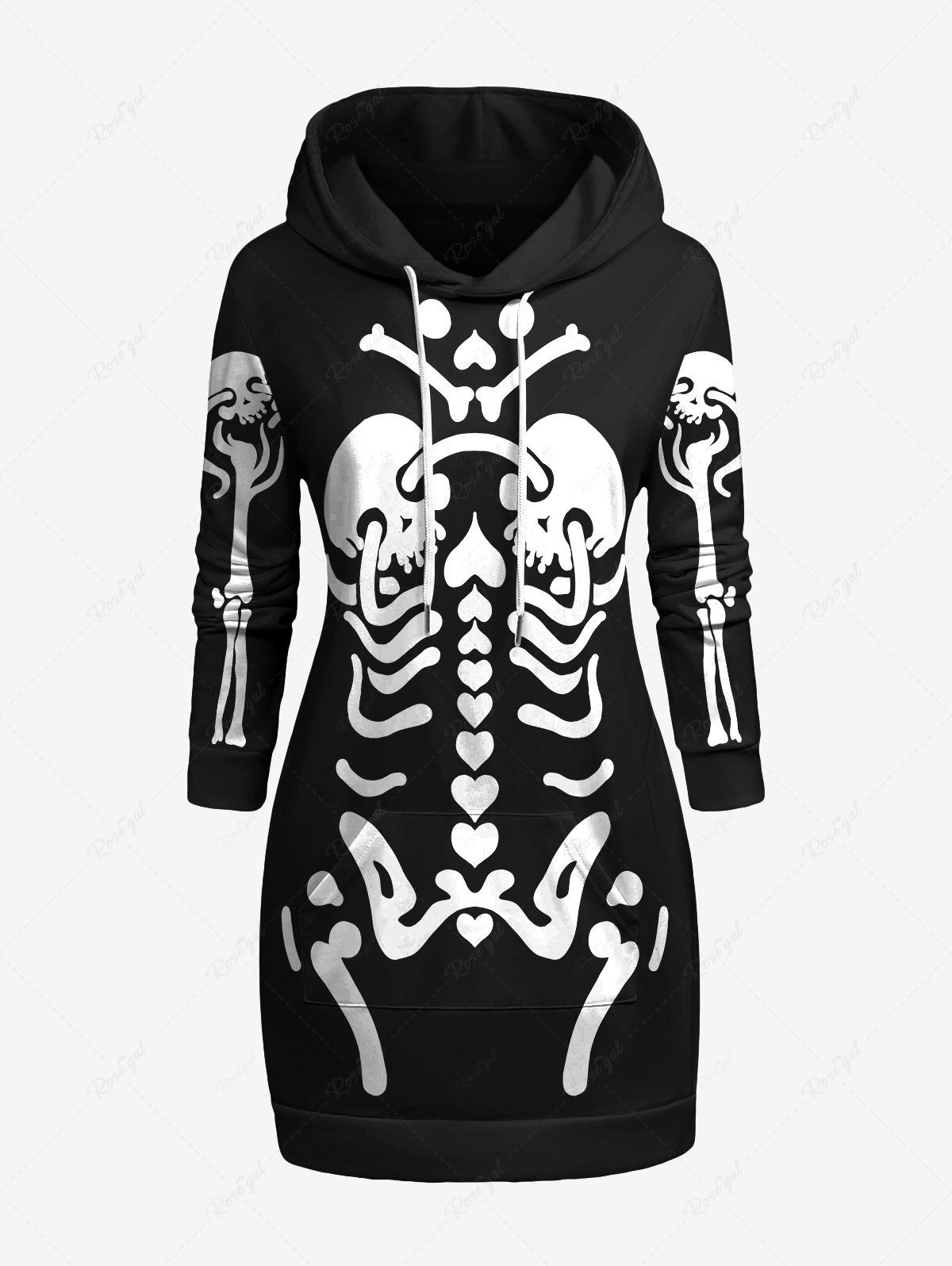 Outfit Plus Size Skeleton Print Halloween Kangaroo Pocket Drawstring Hoodie Dress  