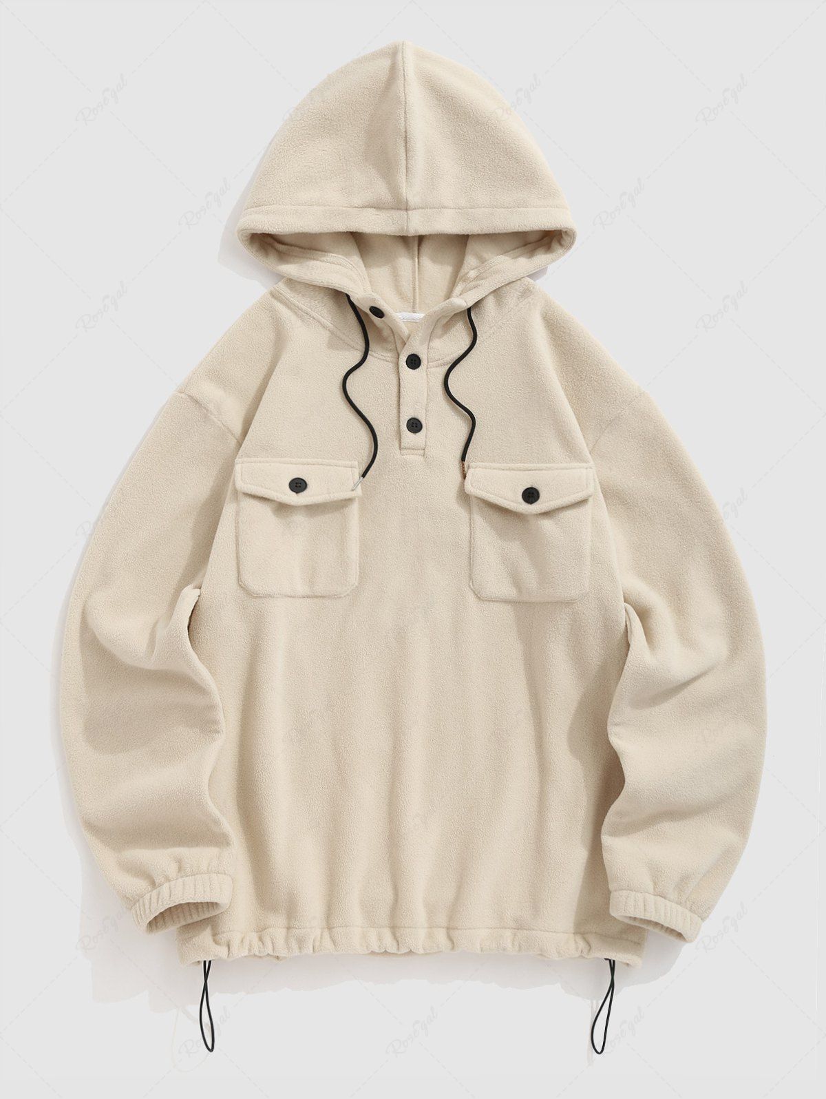 Cheap Men's Plain Color Front Pocket Button Design Fuzzy Polar Fleece Pullover Hoodie  