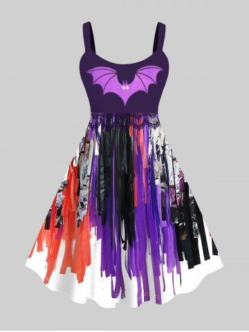 Plus Size Halloween Bat Wing Applique Ribbon Tassel 3D Print Tank Dress - PURPLE - XS