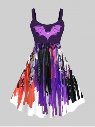 Plus Size Halloween Bat Wing Applique Ribbon Tassel 3D Print Tank Dress - PURPLE - S