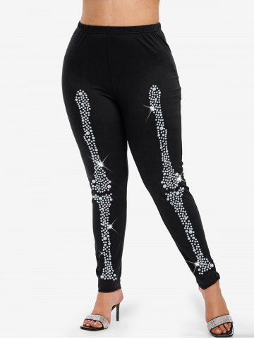 Plus Size 3D Glitter Sparkling Skeleton Print Halloween Skinny Leggings - BLACK - 2X