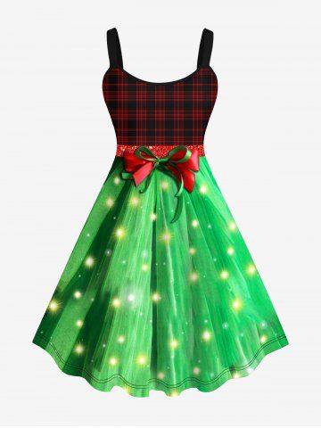 Plus Size 3D Plaid Sparkling Glitter Stars Bowknot Print Christmas Tank Dress - GREEN - XS