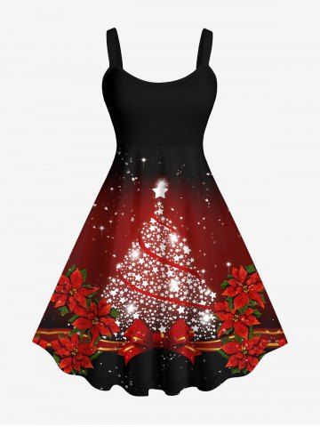 Plus Size Christmas Colorblock Flower Ribbon Star Print Tank Dress - DEEP RED - XS
