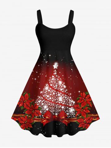 Plus Size Christmas Colorblock Flower Ribbon Star Print Tank Dress - DEEP RED - S