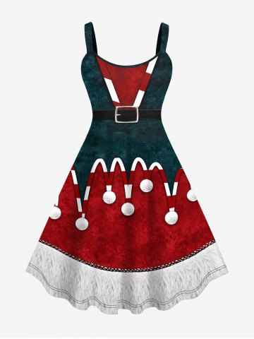 Plus Size Christmas Buckle Fluff Ball 3D Print Tank Dress - DEEP RED - S
