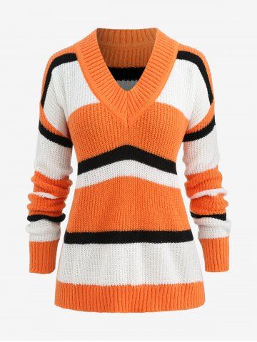 Plus Size Colorblock Patchwork Striped Pullover Knitted Sweater