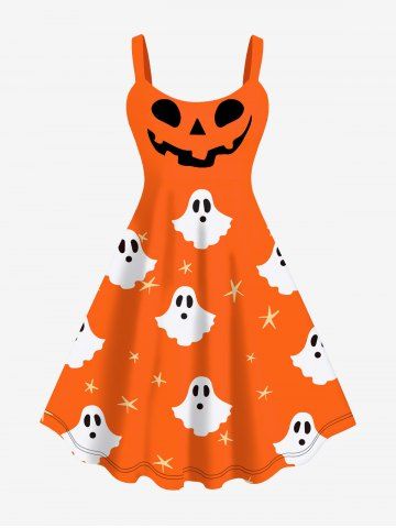Plus Size Halloween Smile Ghost Star Print Tank Dress - ORANGE - XS