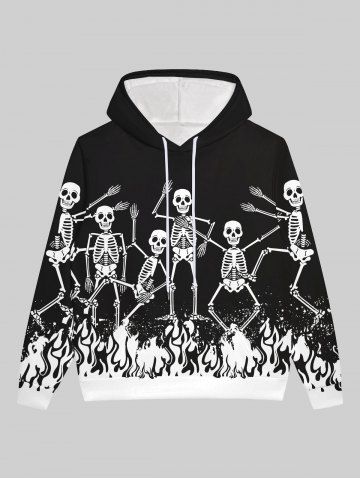 Gothic Skeleton Fire Flame Print Halloween Drawstring Hoodie For Men - BLACK - XL