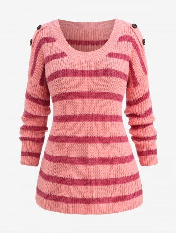Plus Size Mock Button Striped Knitted Sweater - LIGHT PINK - 3XL