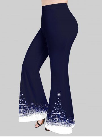 Plus Size Christmas Tree Shaped Star Snowflake Colorblock Print Flare Pants - DEEP BLUE - S