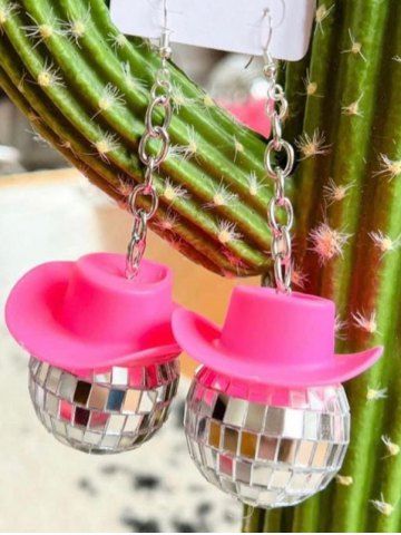 Fashion Disco Ball Straw Hat Party Drop Earrings - LIGHT PINK