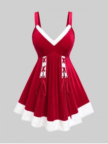 Christmas Plus Size Velvet Lace Up Fluffy Trim Ruched A Line Babydoll Lingerie Set - RED - 3X | US 22-24