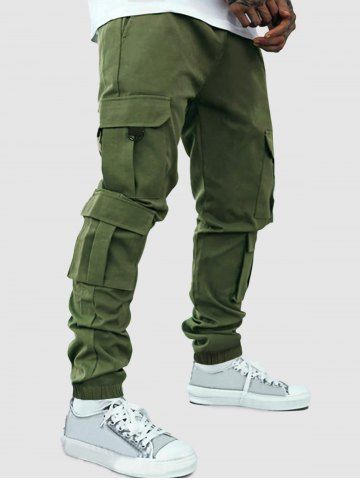 Men's Streetwear Solid Color Multi-pockets Design Techwear Beam Feet Drawstring Cargo Pants - DEEP GREEN - XL