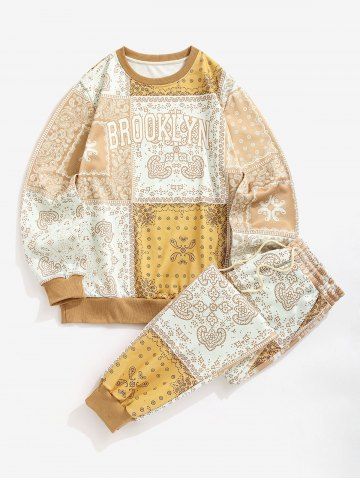 Men's BROOKLYN Ethnic Paisley Printed Crew Neck Sweatshirt and Drawstring Jogger Pants Set - COFFEE - M