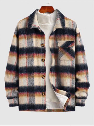 Felt Fluffy Turn Down Collar Ombre Plaid Pocket Jacket - BLUE - L