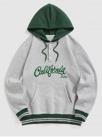 Men's Colorblock California WEST COAST LOS ANGELES Letter Embroidered Kangaroo Pocket Thermal Fleece-lined Pullover Hoodie - GRAY - S