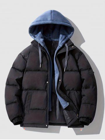 Dual Zip Hooded Pocket Colorblock Faux Twinset Puffer Padded Coat - BLACK - 2XL