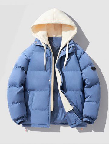 Manteau Doudoune à Capuche Matelassé en Blocs de Couleurs Zippé avec Poches - BLUE - 2XL