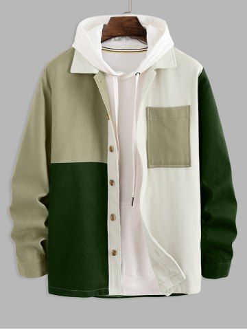 Colorblock Front Pocket Design Woolen Jacket - GREEN - XXL