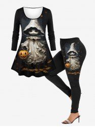 Plus Size Halloween Pumpkin Leaf Cute Ghost Printed T-shirt and Leggings Outfit -  