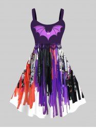 Plus Size Halloween Bat Wing Applique Ribbon Tassel 3D Print Tank Dress -  