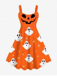 Plus Size Halloween Smile Ghost Star Print Tank Dress - Orange S