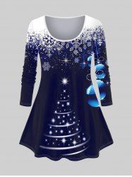 T-shirt Flocon de Neige Etoile Boule et Sapin de Noël Imprimés de Grande Taille à Paillettes - Bleu profond 3X