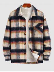 Felt Fluffy Turn Down Collar Ombre Plaid Pocket Jacket -  