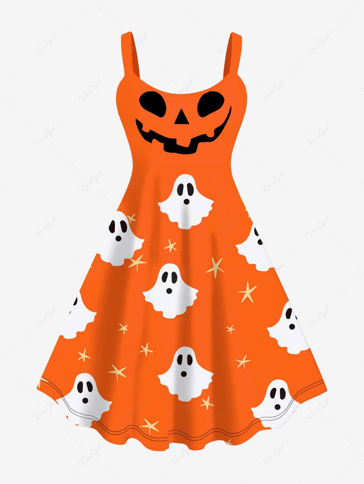 Plus Size Halloween Smile Ghost Star Print Tank Dress Orange S