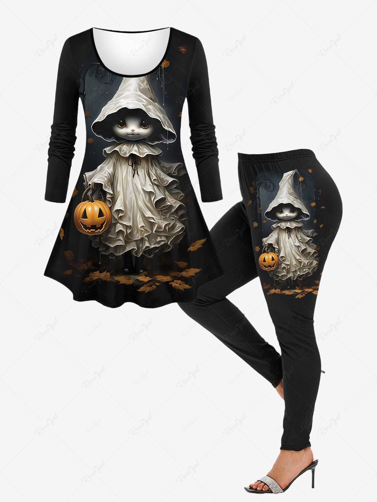 Fancy Plus Size Halloween Pumpkin Leaf Cute Ghost Printed T-shirt and Leggings Outfit  