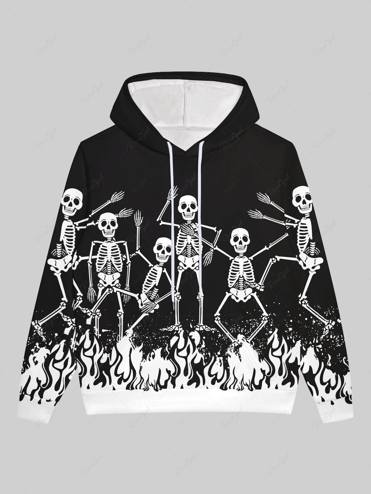 Online Gothic Skeleton Fire Flame Print Halloween Drawstring Hoodie For Men  