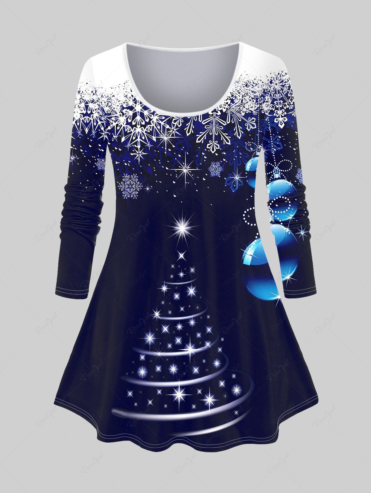 T-shirt Flocon de Neige Etoile Boule et Sapin de Noël Imprimés de Grande Taille à Paillettes Bleu profond 5X