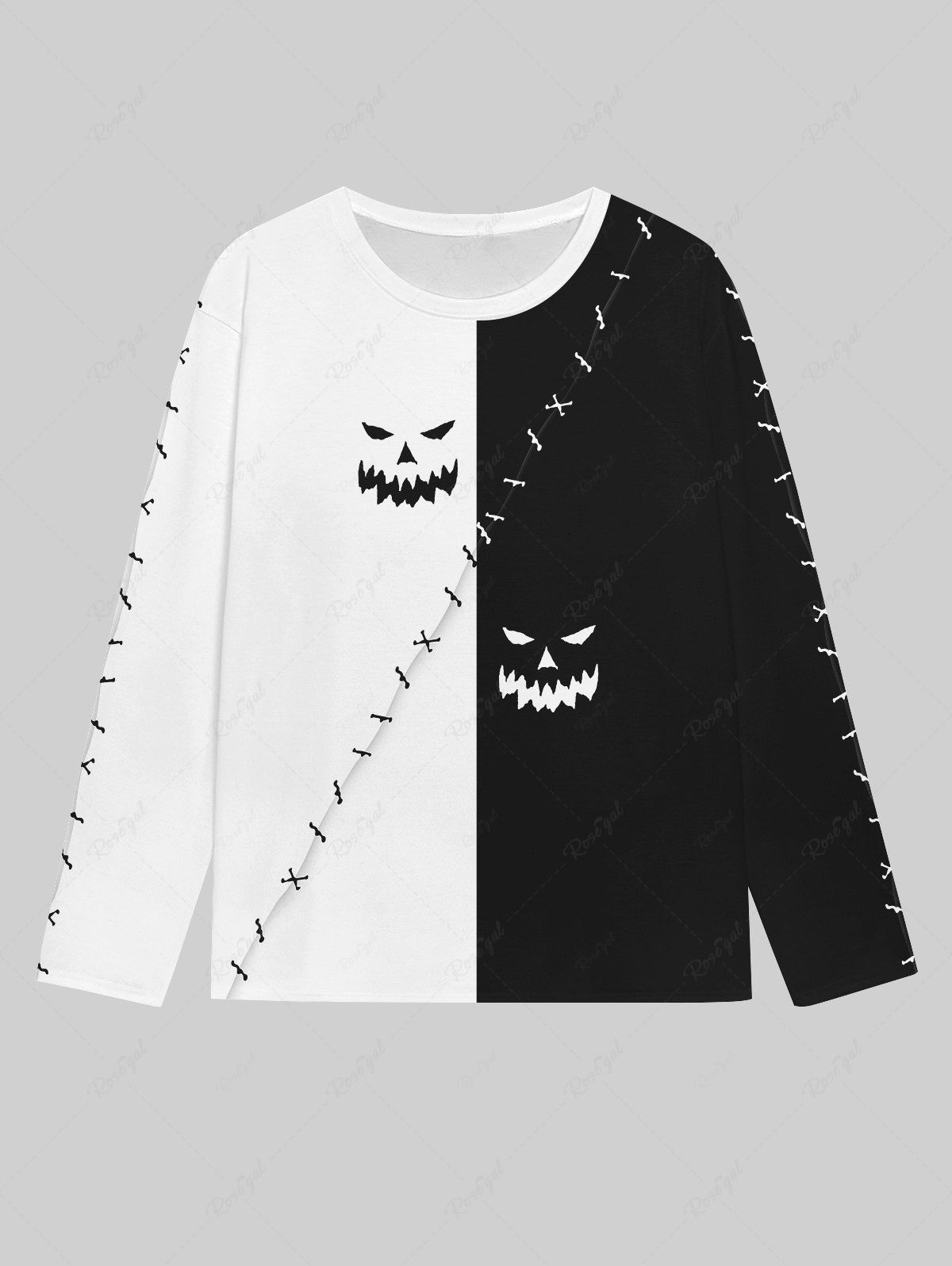 T-shirt D'Halloween Gothique Bicolore Cousu 3D Fantôme Imprimé en Haut pour Homme Noir XL