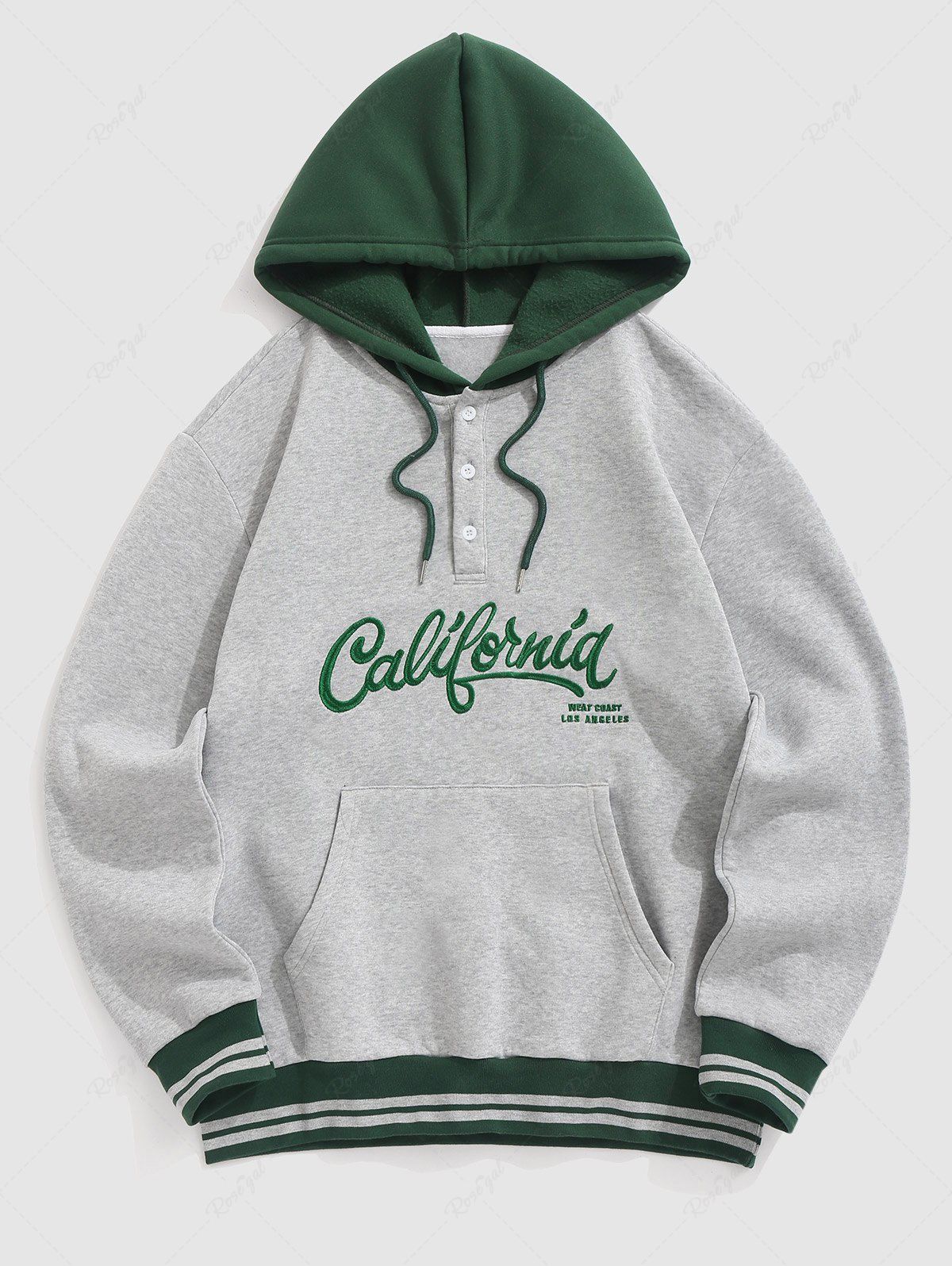 Unique Men's Colorblock California WEST COAST LOS ANGELES Letter Embroidered Kangaroo Pocket Thermal Fleece-lined Pullover Hoodie  