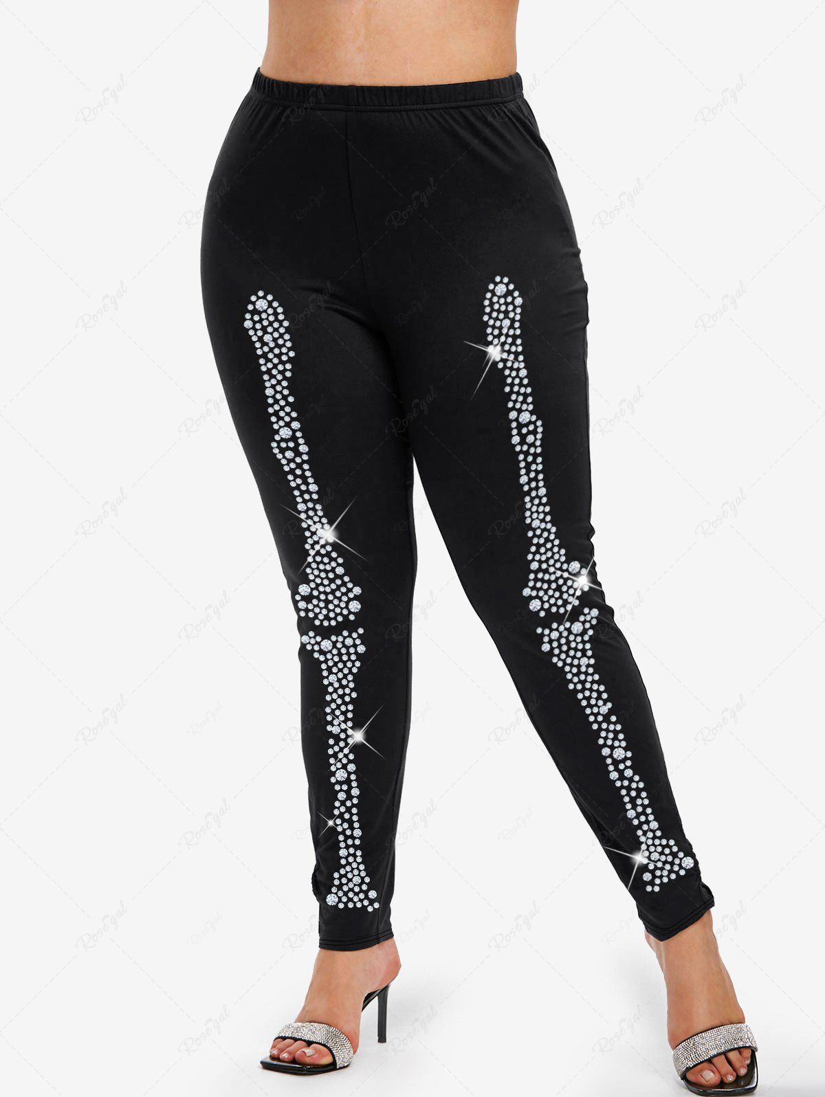 Cheap Plus Size 3D Glitter Sparkling Skeleton Print Halloween Skinny Leggings  