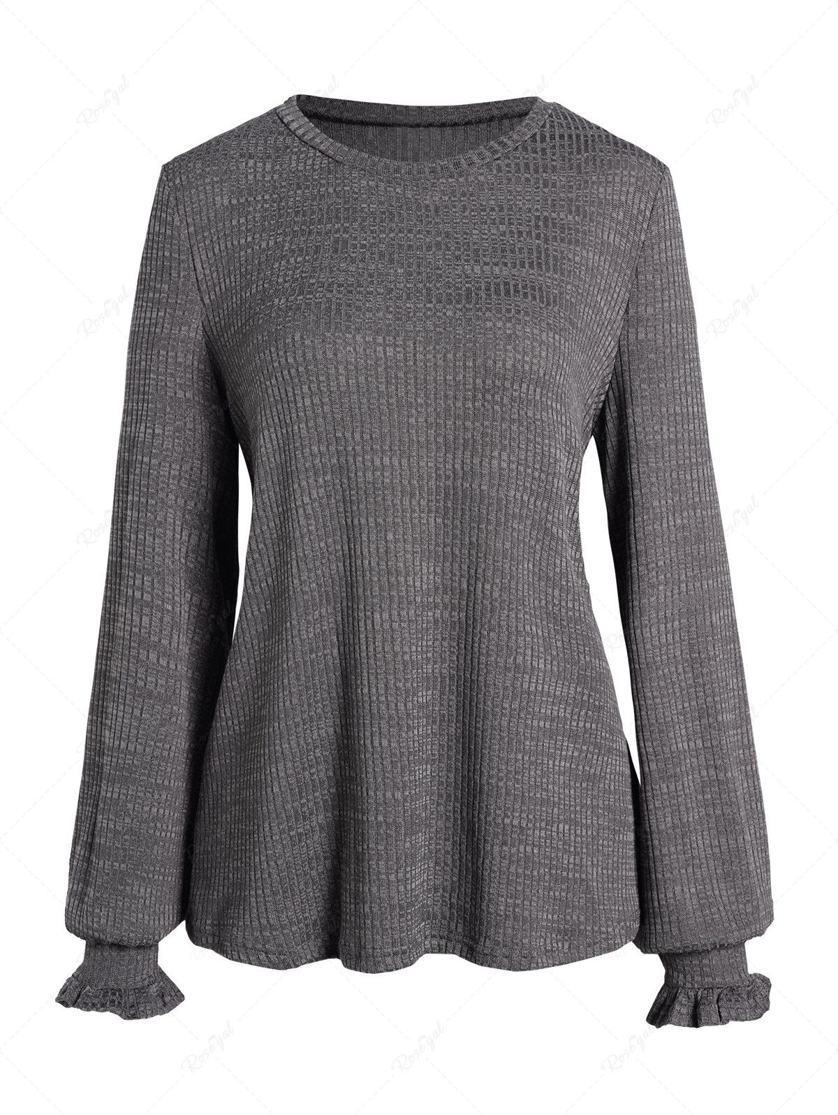 New Heathered Simple Knit Ruffle Cuff Long Sleeve Casual Top  