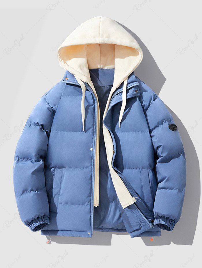 Outfits Dual Zip Hooded Pocket Colorblock Faux Twinset Puffer Padded Coat  