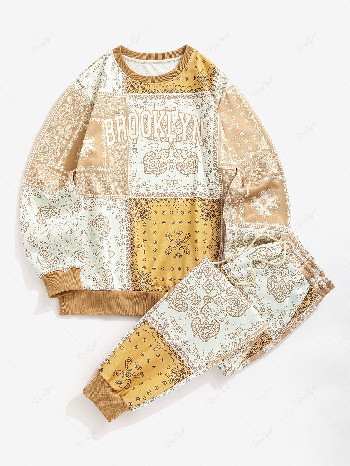Affordable Men's BROOKLYN Ethnic Paisley Printed Crew Neck Sweatshirt and Drawstring Jogger Pants Set  