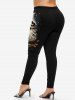 Plus Size Halloween Pumpkin Leaf Cute Ghost Printed T-shirt and Leggings Outfit -  