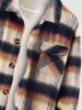 Felt Fluffy Turn Down Collar Ombre Plaid Pocket Jacket -  