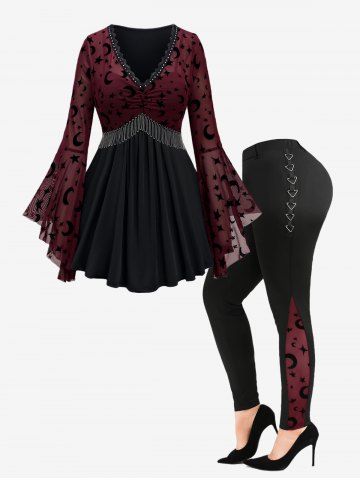 Plus Size Moon Star Printed Mesh Panel Bell Sleeves Ruched Chain Tassel T-shirt and Leggings Outfit - DEEP RED