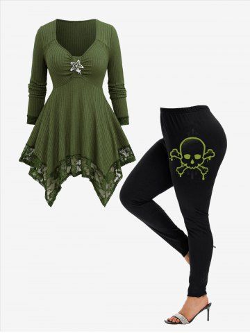 Floral Lace Panel Sparkling Star Buckle Ruched Knitted Handkerchief T-shirt and Skull Printed Leggings Plus Size Outfit