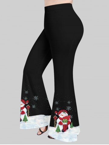Plus Size Christmas Tree Snowman Snowflake Print Flare Pants
